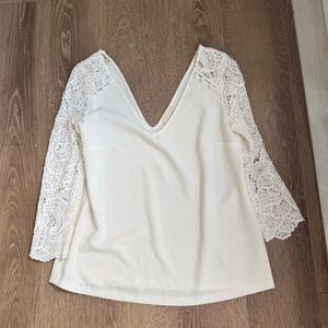 Sezane White Top Lace Button V-neck